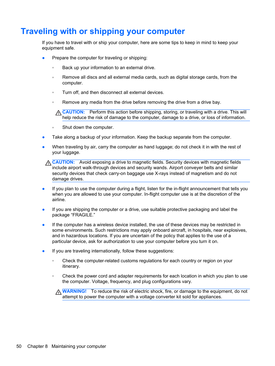 Traveling with or shipping your computer | HP ENVY Sleekbook 6-1110us User Manual | Page 60 / 82