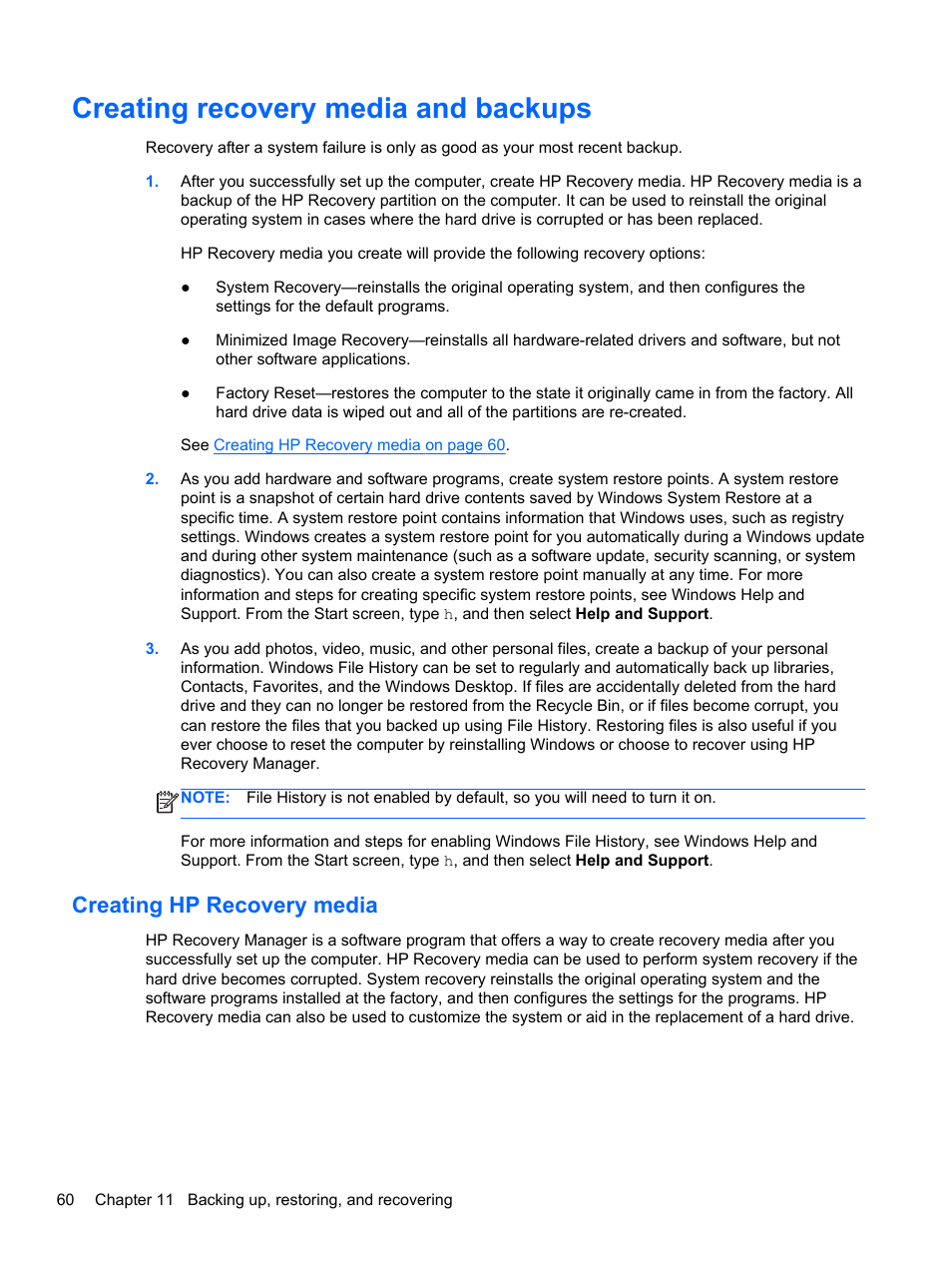 Creating recovery media and backups, Creating hp recovery media | HP ENVY Sleekbook 6-1110us User Manual | Page 70 / 82