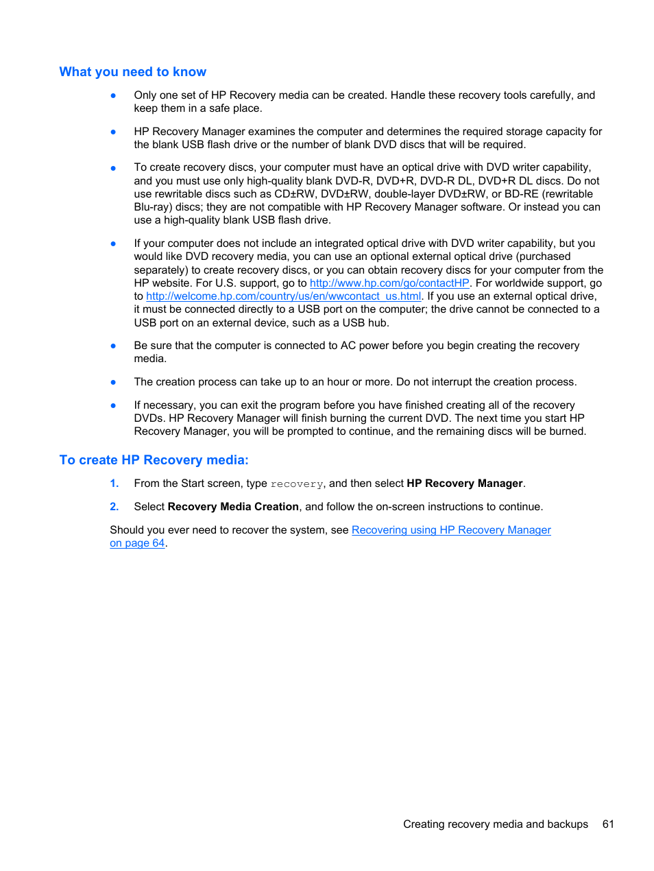 What you need to know, To create hp recovery media, What you need to know to create hp recovery media | HP ENVY Sleekbook 6-1110us User Manual | Page 71 / 82