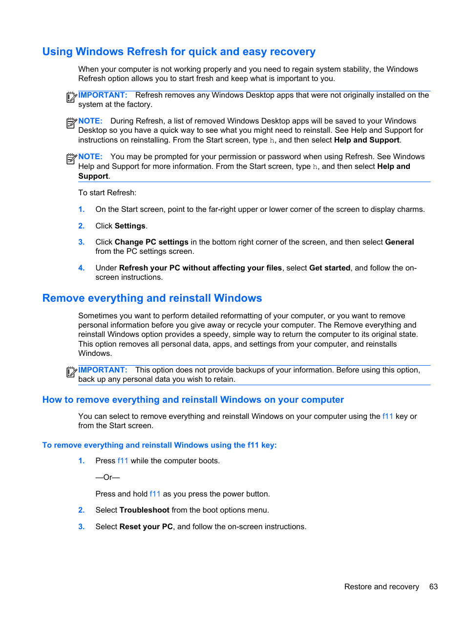 Using windows refresh for quick and easy recovery, Remove everything and reinstall windows | HP ENVY Sleekbook 6-1110us User Manual | Page 73 / 82