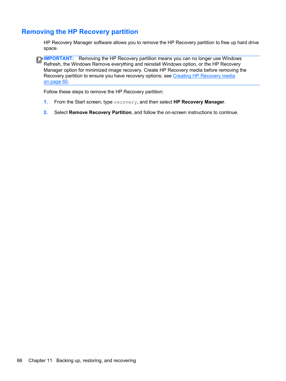 Removing the hp recovery partition | HP ENVY Sleekbook 6-1110us User Manual | Page 76 / 82