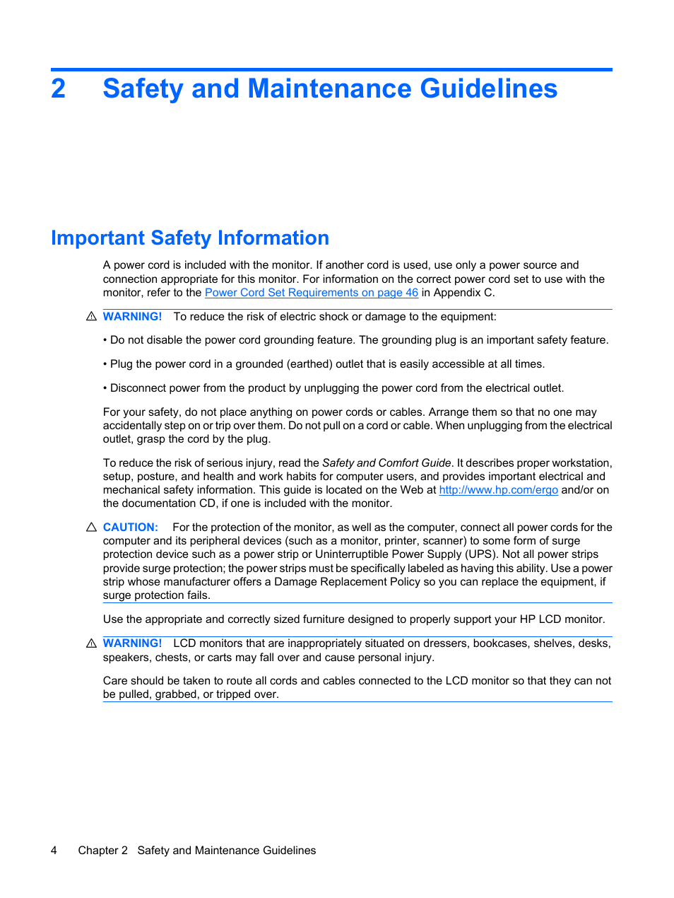 Safety and maintenance guidelines, Important safety information, 2 safety and maintenance guidelines | 2safety and maintenance guidelines | HP LP2275w 22-inch Widescreen LCD Monitor User Manual | Page 10 / 55