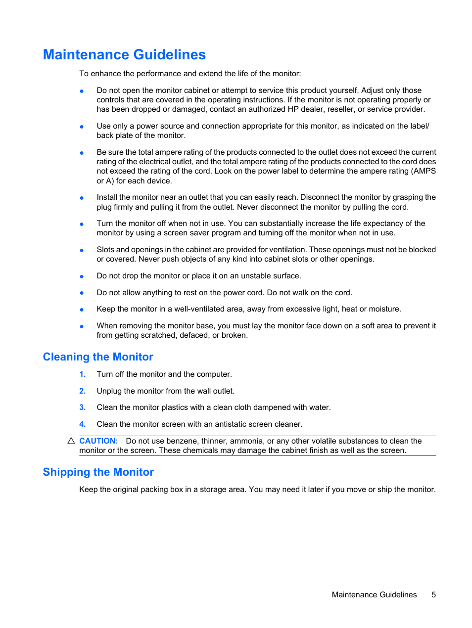 Maintenance guidelines, Cleaning the monitor, Shipping the monitor | Cleaning the monitor shipping the monitor | HP LP2275w 22-inch Widescreen LCD Monitor User Manual | Page 11 / 55