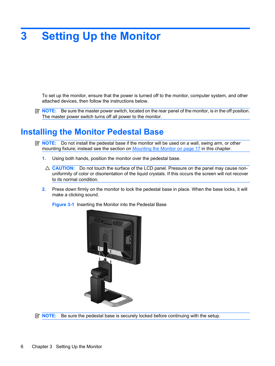 Setting up the monitor, Installing the monitor pedestal base, 3 setting up the monitor | 3setting up the monitor | HP LP2275w 22-inch Widescreen LCD Monitor User Manual | Page 12 / 55
