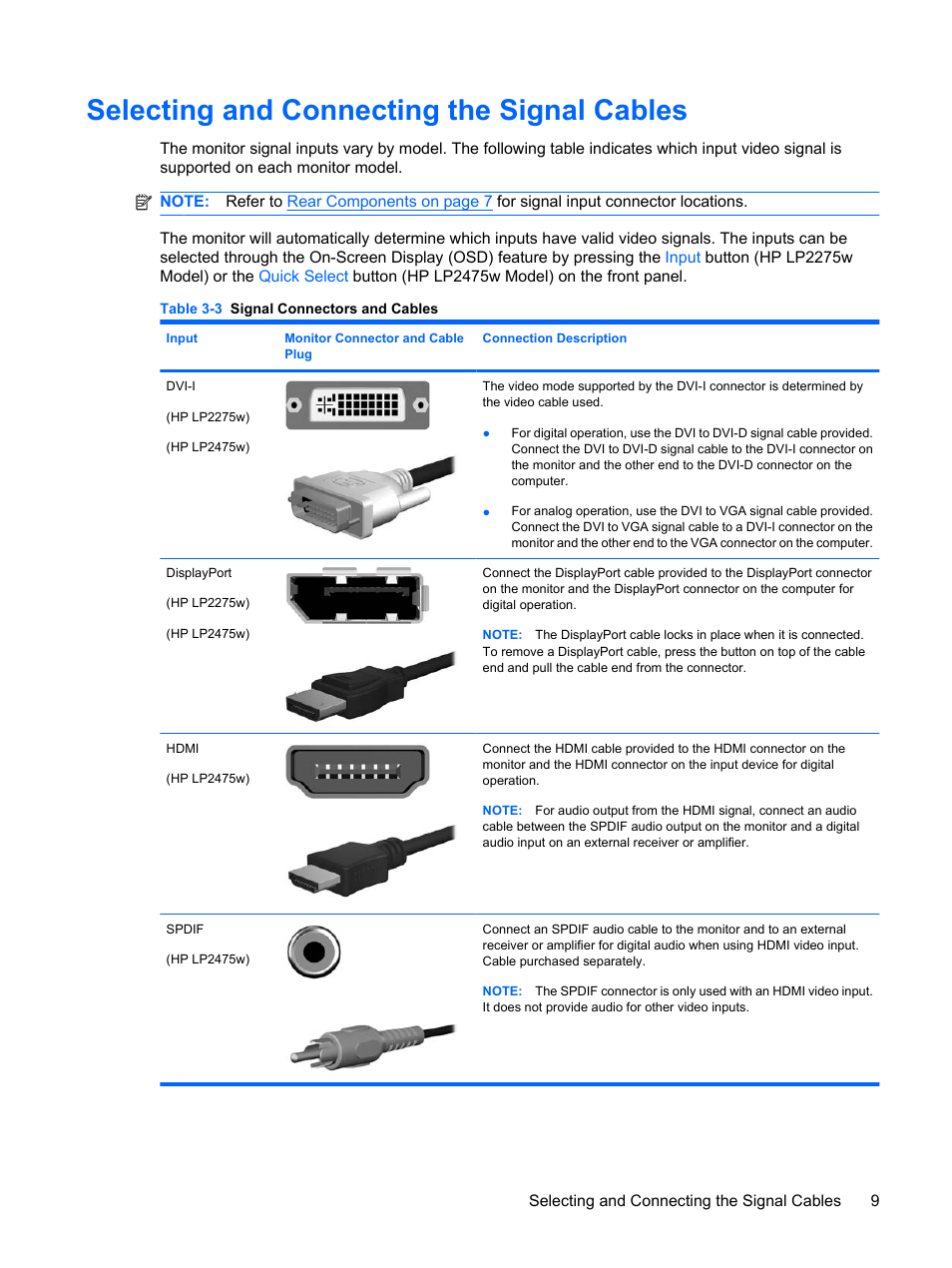 Selecting and connecting the signal cables | HP LP2275w 22-inch Widescreen LCD Monitor User Manual | Page 15 / 55
