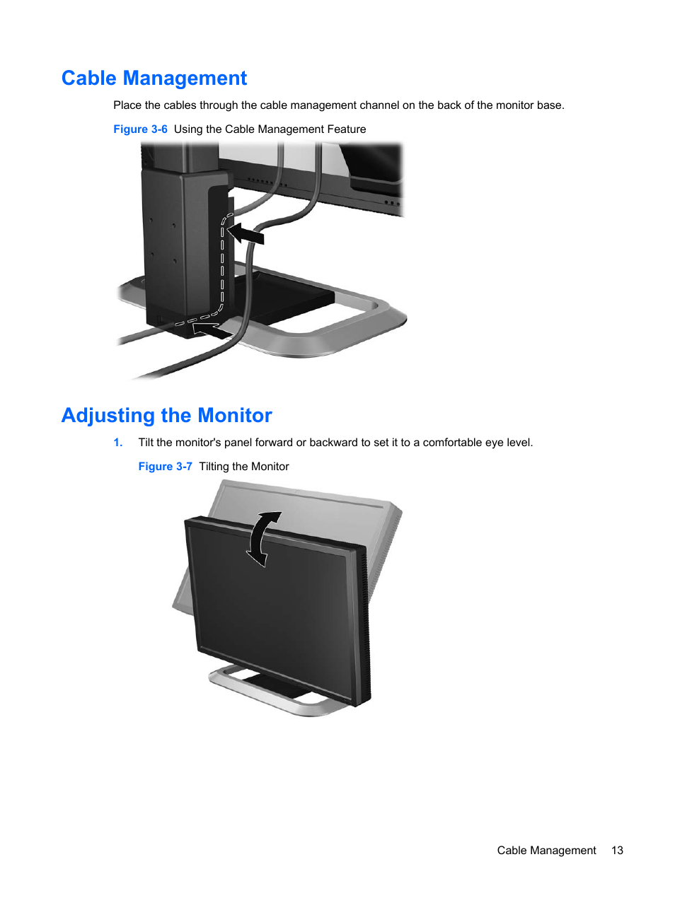 Cable management, Adjusting the monitor, Cable management adjusting the monitor | HP LP2275w 22-inch Widescreen LCD Monitor User Manual | Page 19 / 55