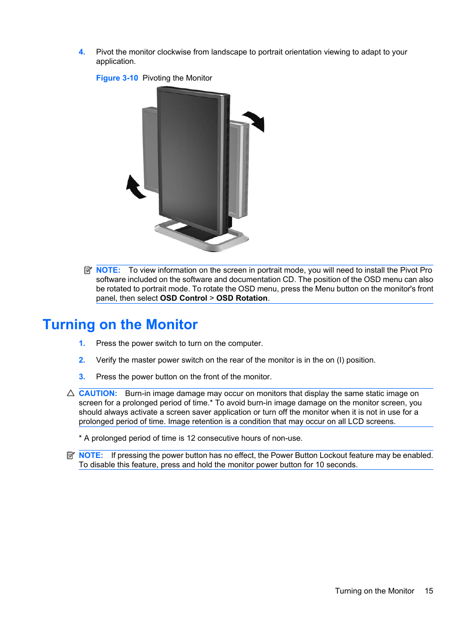 Turning on the monitor | HP LP2275w 22-inch Widescreen LCD Monitor User Manual | Page 21 / 55
