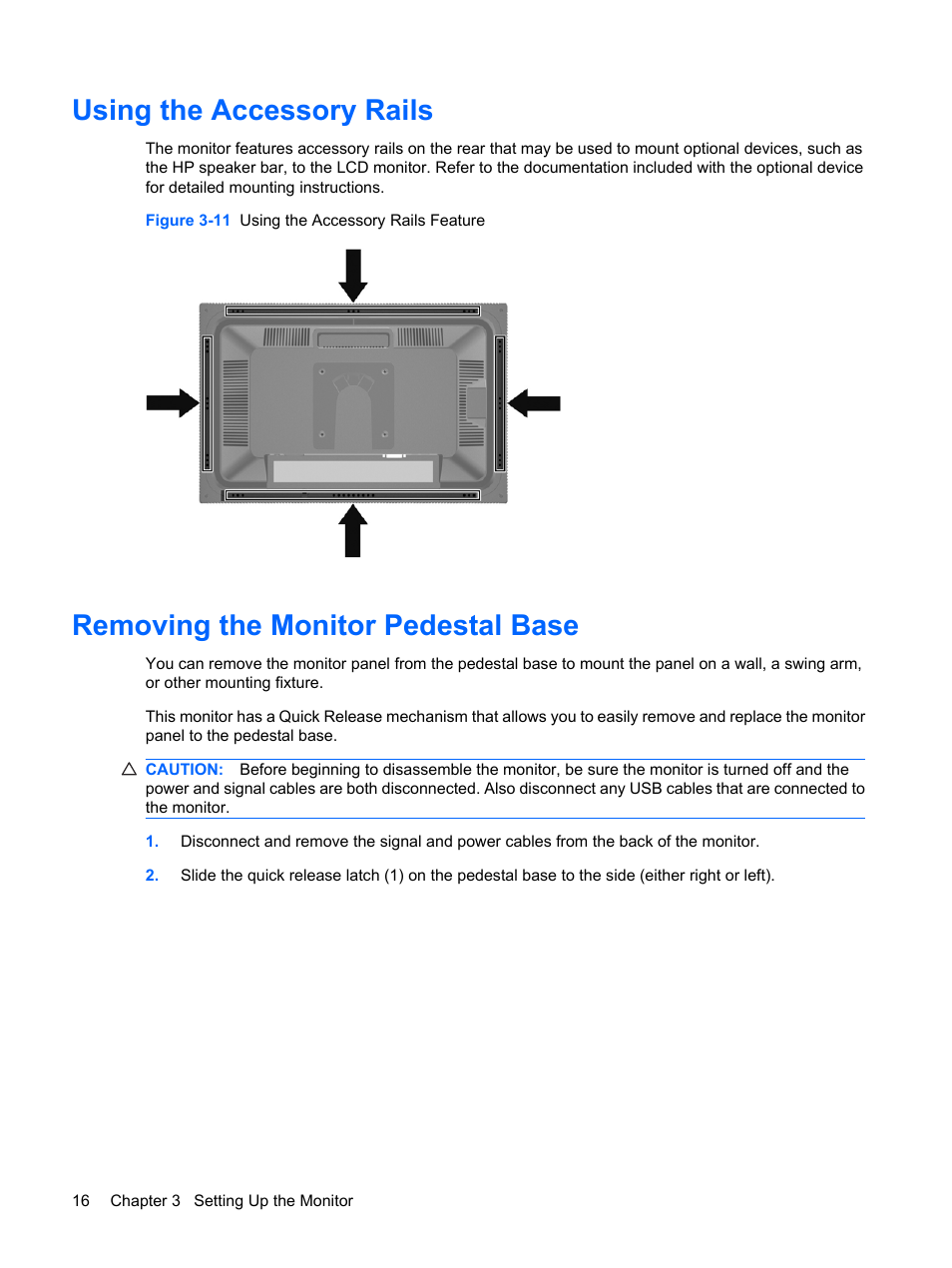 Using the accessory rails, Removing the monitor pedestal base | HP LP2275w 22-inch Widescreen LCD Monitor User Manual | Page 22 / 55