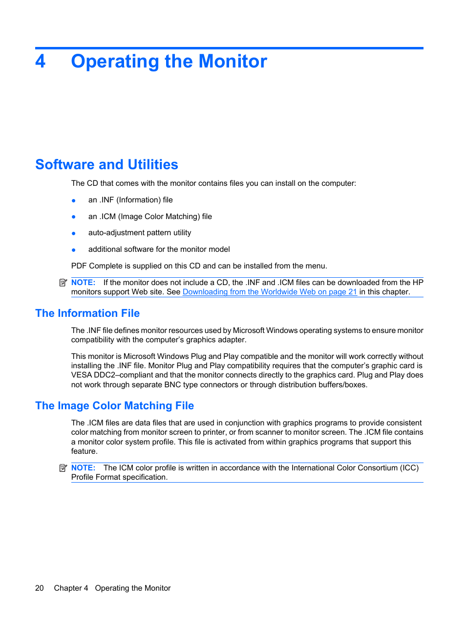 Operating the monitor, Software and utilities, The information file | The image color matching file, 4 operating the monitor, The information file the image color matching file, 4operating the monitor | HP LP2275w 22-inch Widescreen LCD Monitor User Manual | Page 26 / 55
