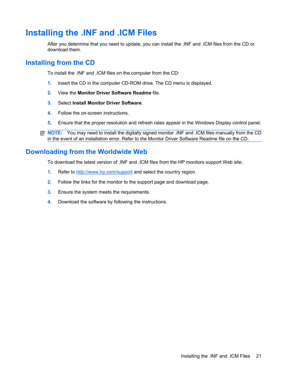 Installing the .inf and .icm files, Installing from the cd, Downloading from the worldwide web | HP LP2275w 22-inch Widescreen LCD Monitor User Manual | Page 27 / 55