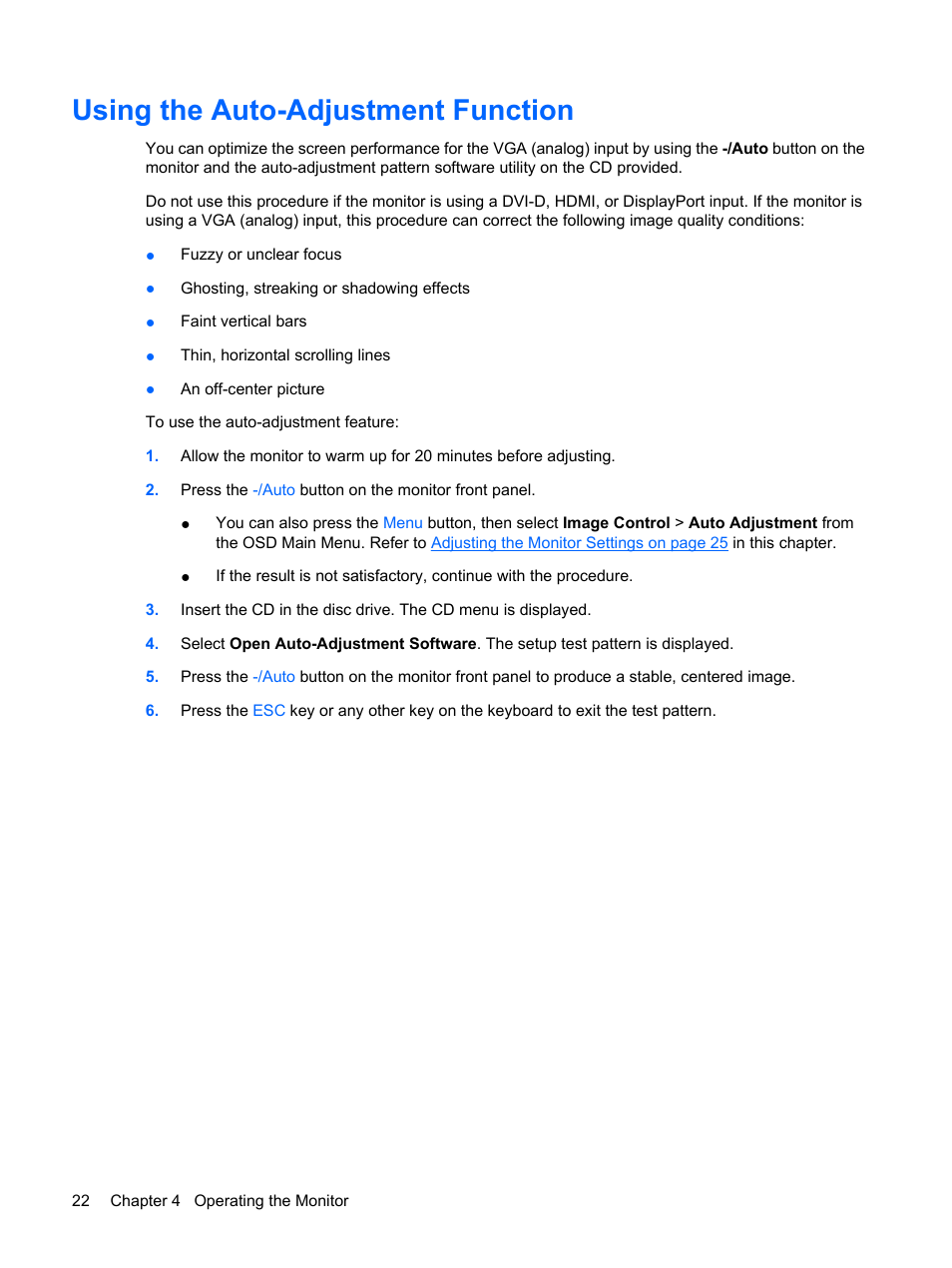 Using the auto-adjustment function | HP LP2275w 22-inch Widescreen LCD Monitor User Manual | Page 28 / 55