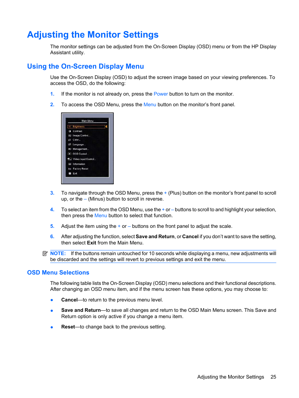 Adjusting the monitor settings, Using the on-screen display menu, Osd menu selections | HP LP2275w 22-inch Widescreen LCD Monitor User Manual | Page 31 / 55