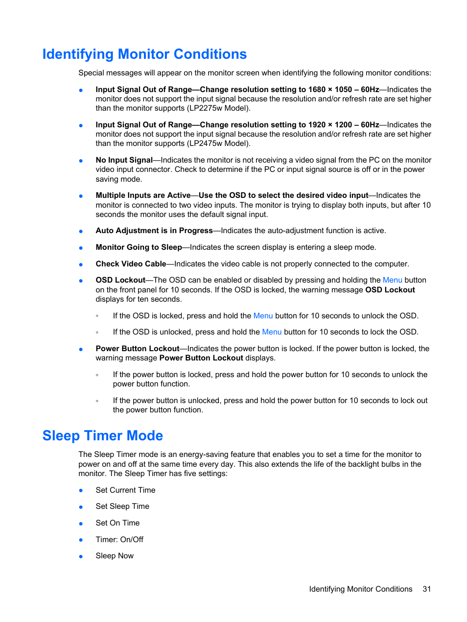Identifying monitor conditions, Sleep timer mode, Identifying monitor conditions sleep timer mode | HP LP2275w 22-inch Widescreen LCD Monitor User Manual | Page 37 / 55