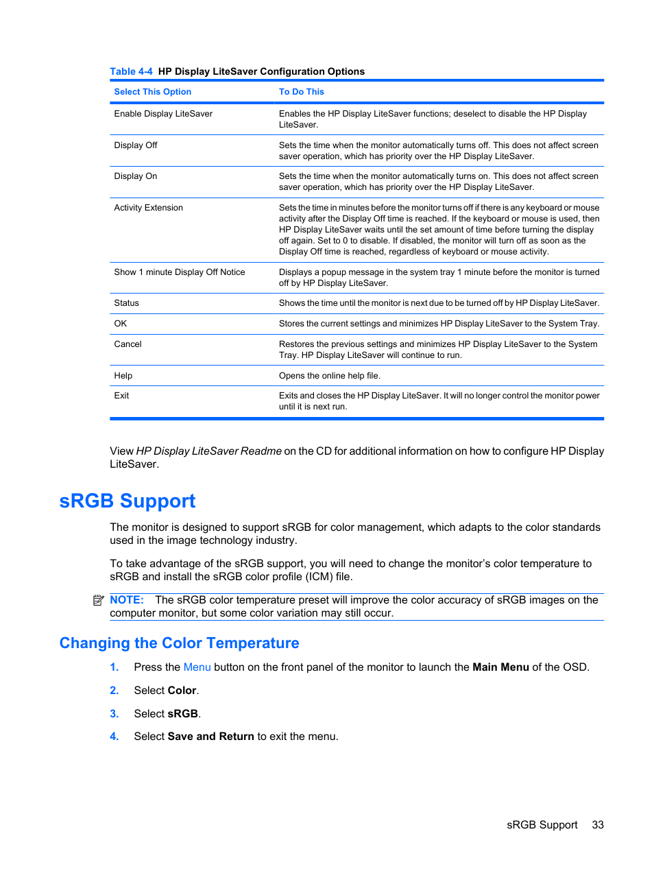 Srgb support, Changing the color temperature | HP LP2275w 22-inch Widescreen LCD Monitor User Manual | Page 39 / 55