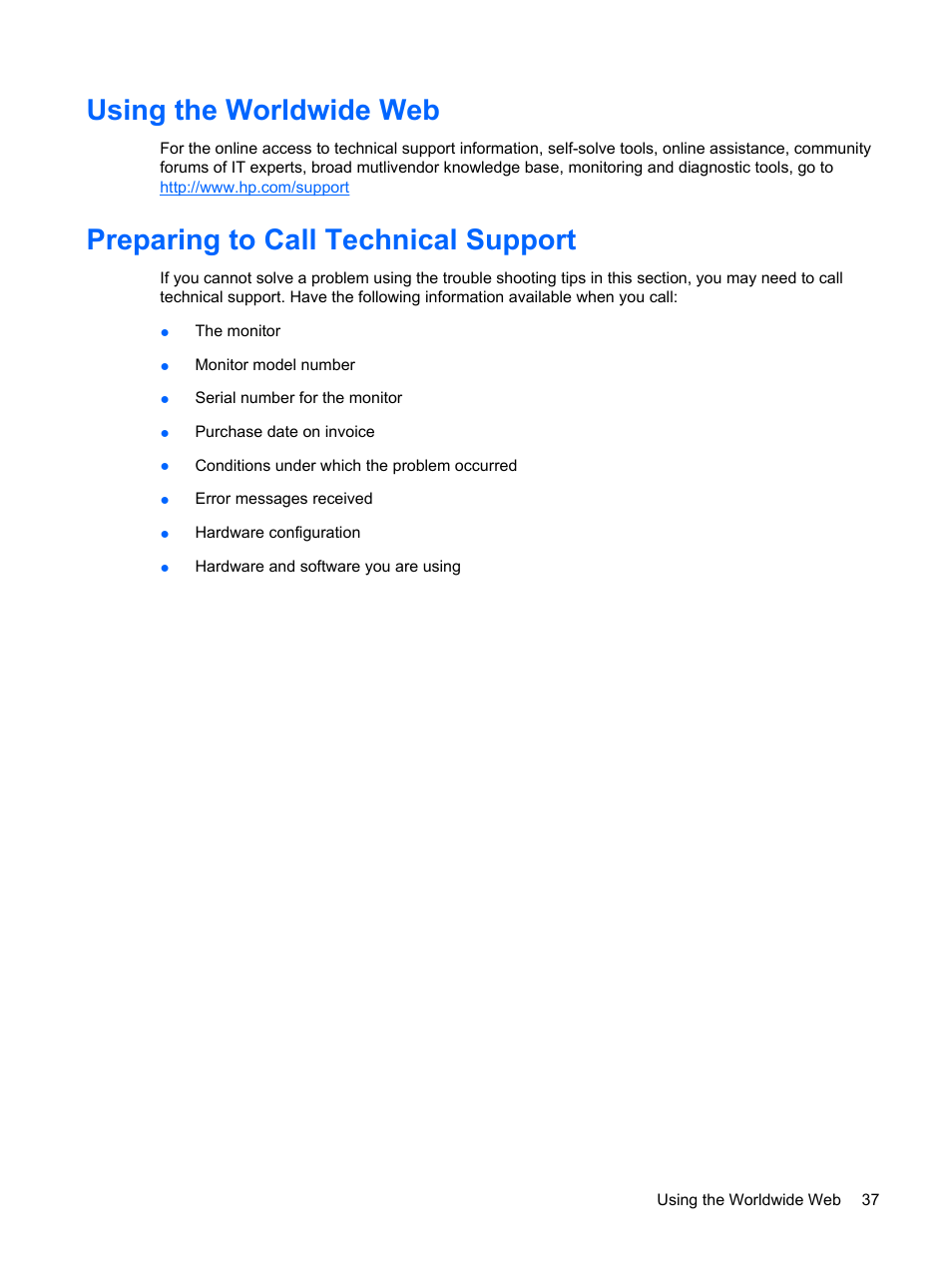 Using the worldwide web, Preparing to call technical support | HP LP2275w 22-inch Widescreen LCD Monitor User Manual | Page 43 / 55