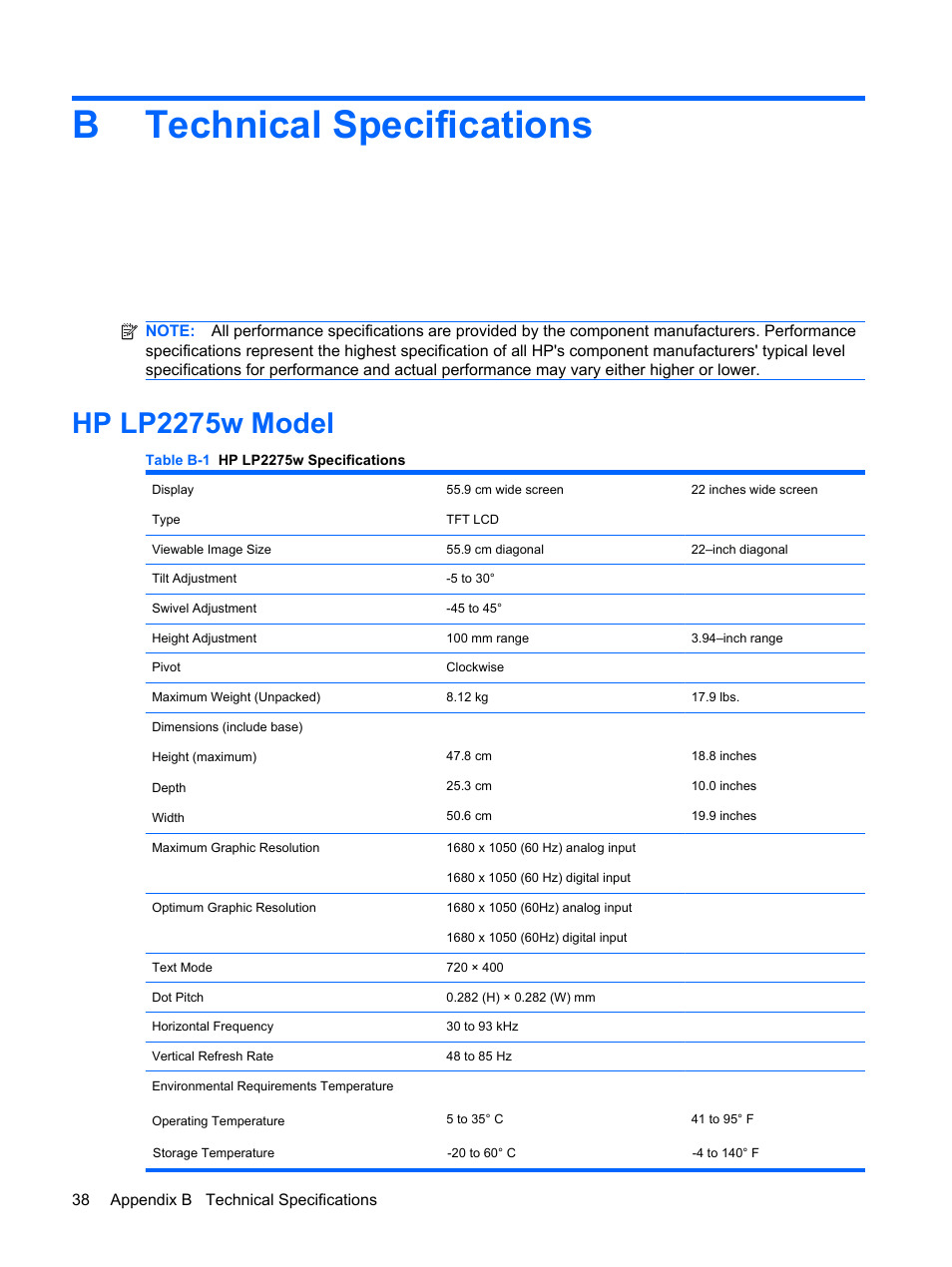 Technical specifications, Hp lp2275w model, Appendix b technical specifications | Btechnical specifications | HP LP2275w 22-inch Widescreen LCD Monitor User Manual | Page 44 / 55