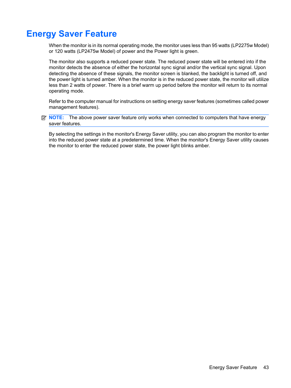 Energy saver feature | HP LP2275w 22-inch Widescreen LCD Monitor User Manual | Page 49 / 55