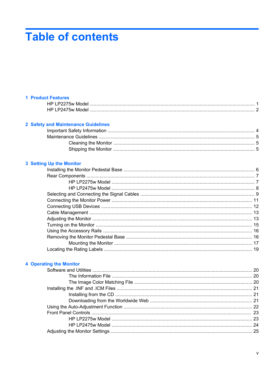 HP LP2275w 22-inch Widescreen LCD Monitor User Manual | Page 5 / 55