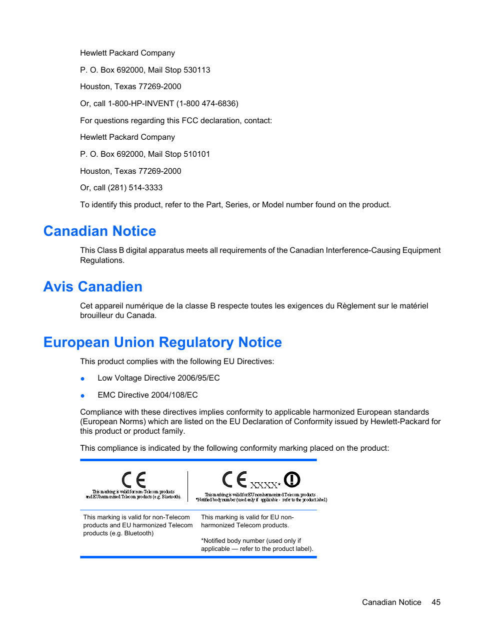 Canadian notice, Avis canadien, European union regulatory notice | HP LP2275w 22-inch Widescreen LCD Monitor User Manual | Page 51 / 55