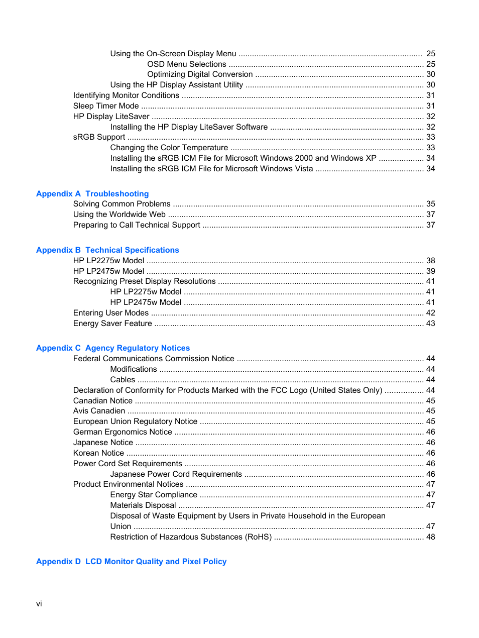 HP LP2275w 22-inch Widescreen LCD Monitor User Manual | Page 6 / 55