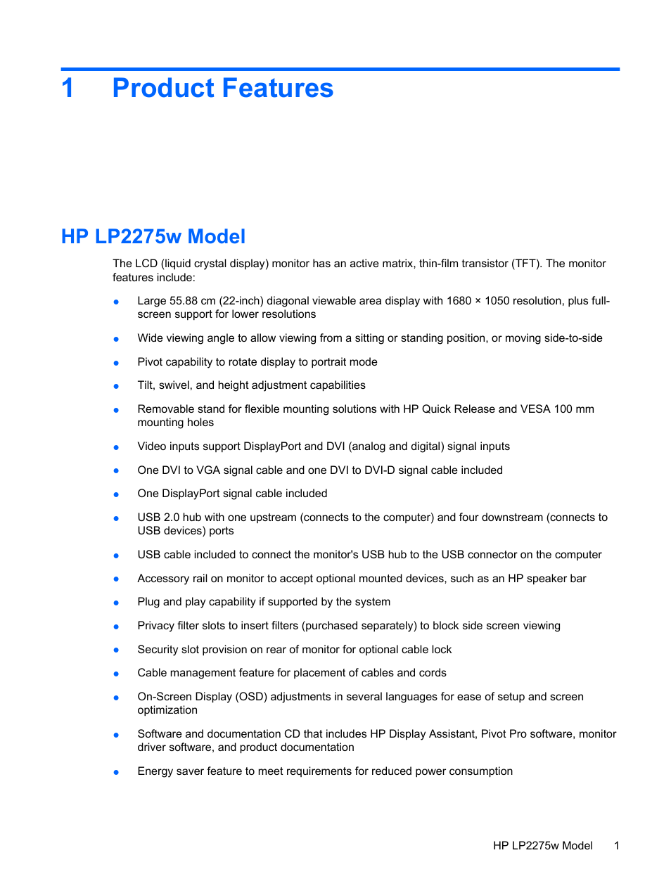 Product features, Hp lp2275w model, 1 product features | 1product features | HP LP2275w 22-inch Widescreen LCD Monitor User Manual | Page 7 / 55