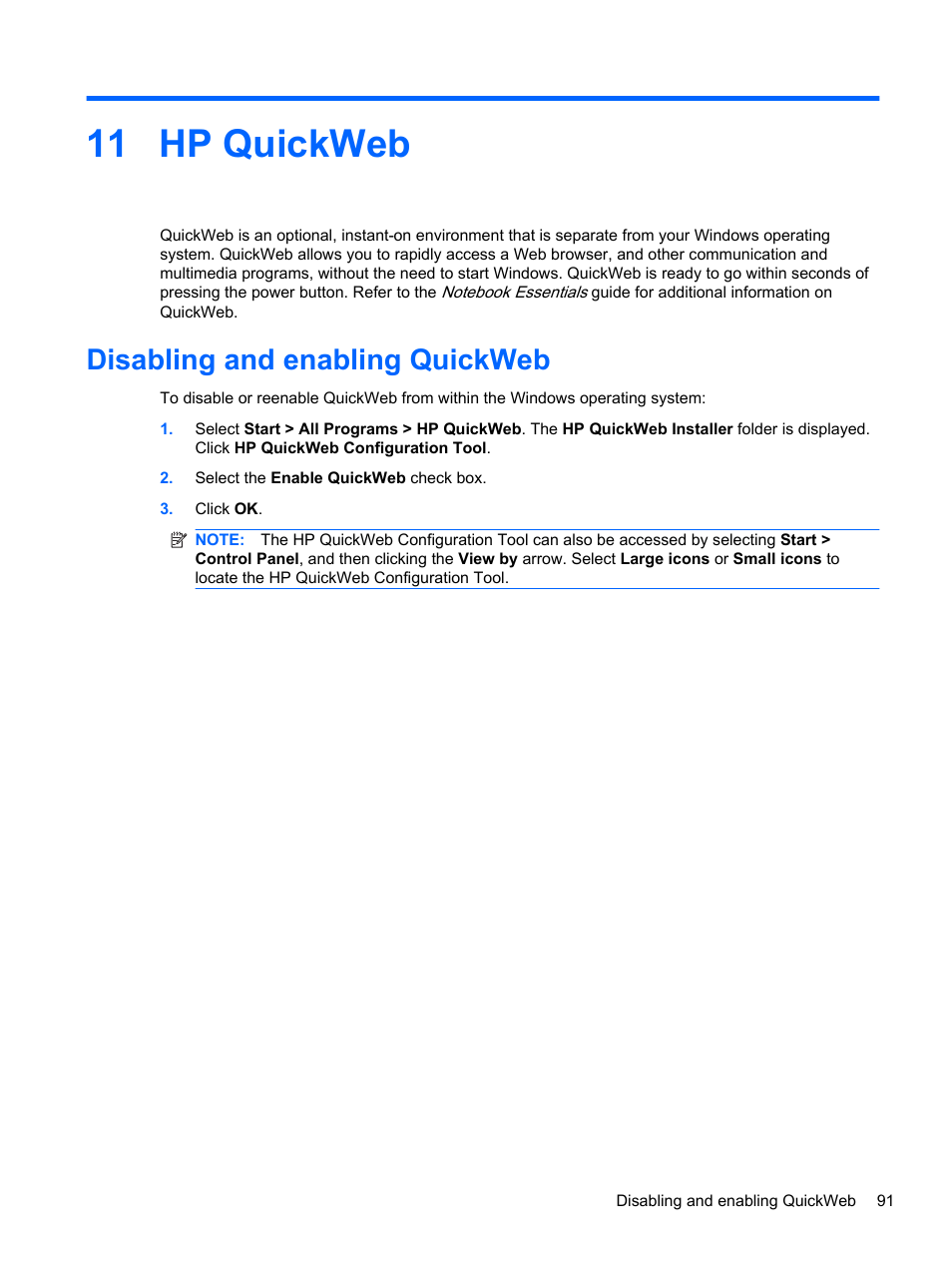 Hp quickweb, Disabling and enabling quickweb, 11 hp quickweb | HP Pavilion dm4-1018tx Entertainment Notebook PC User Manual | Page 101 / 119