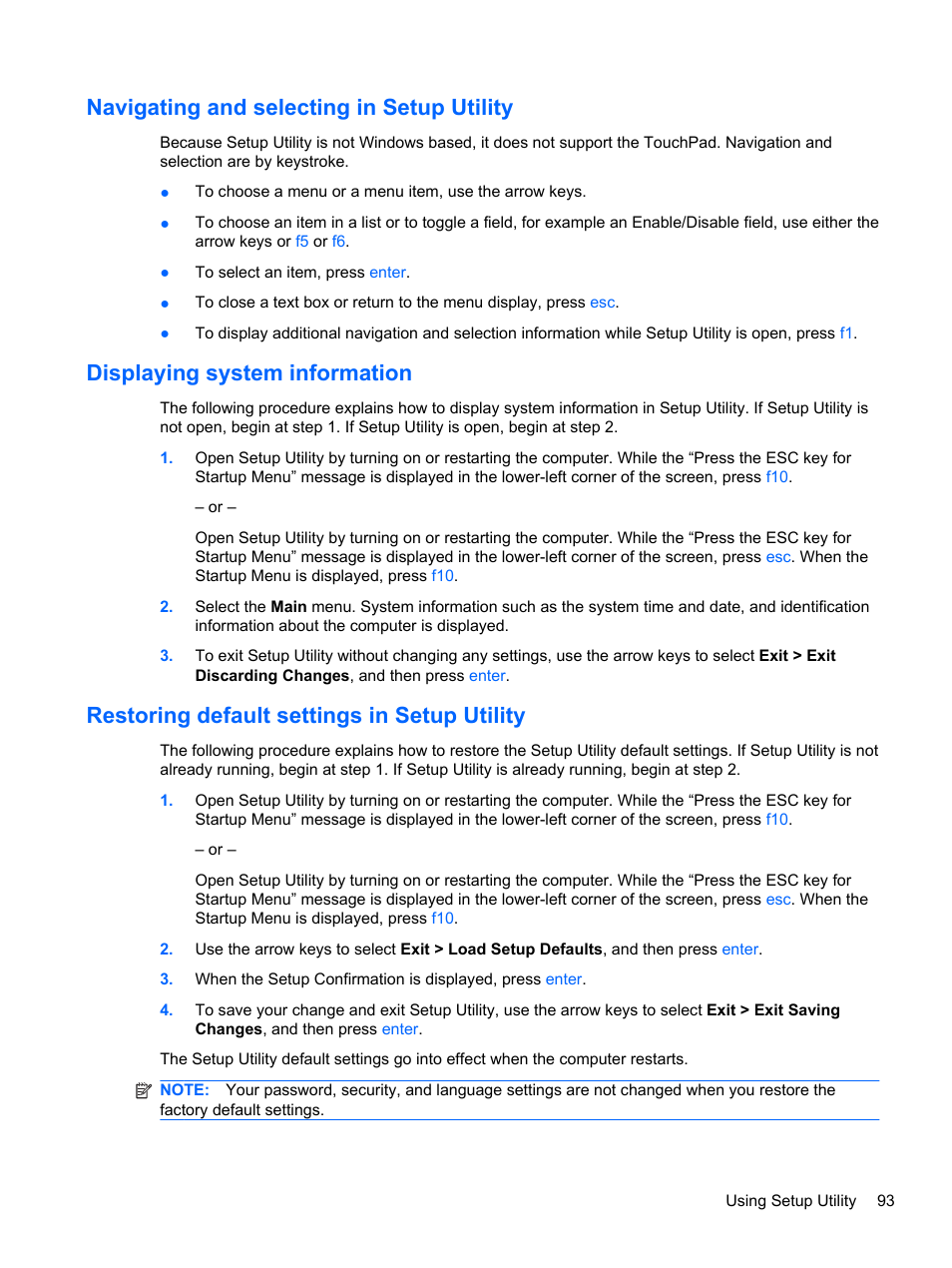 Navigating and selecting in setup utility, Displaying system information, Restoring default settings in setup utility | HP Pavilion dm4-1018tx Entertainment Notebook PC User Manual | Page 103 / 119