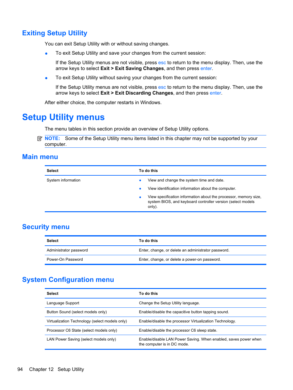 Exiting setup utility, Setup utility menus, Main menu | Security menu, System configuration menu, Main menu security menu system configuration menu | HP Pavilion dm4-1018tx Entertainment Notebook PC User Manual | Page 104 / 119