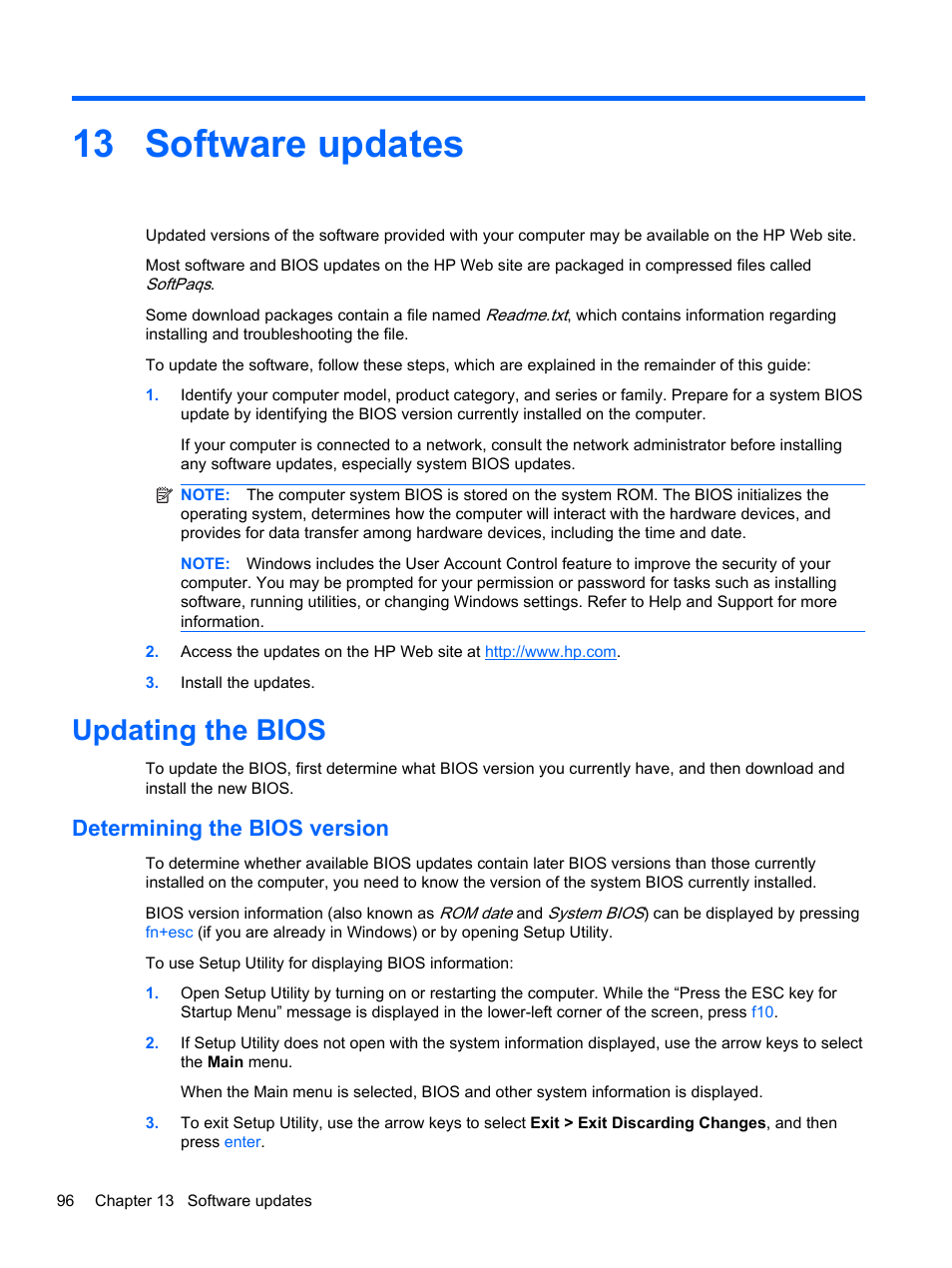 Software updates, Updating the bios, Determining the bios version | 13 software updates | HP Pavilion dm4-1018tx Entertainment Notebook PC User Manual | Page 106 / 119