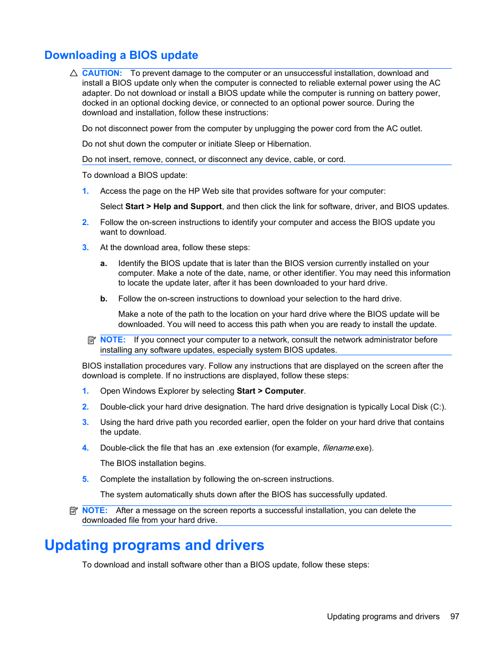 Downloading a bios update, Updating programs and drivers | HP Pavilion dm4-1018tx Entertainment Notebook PC User Manual | Page 107 / 119