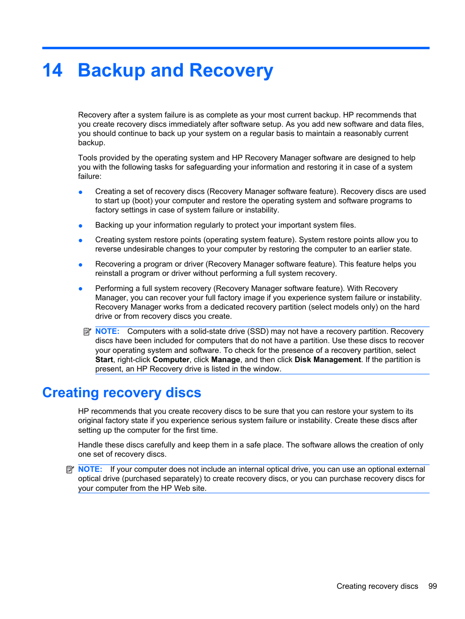 Backup and recovery, Creating recovery discs, 14 backup and recovery | HP Pavilion dm4-1018tx Entertainment Notebook PC User Manual | Page 109 / 119