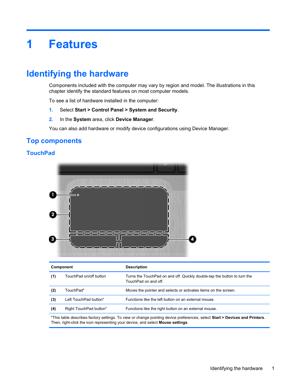 Features, Identifying the hardware, Top components | Touchpad, 1 features, 1features | HP Pavilion dm4-1018tx Entertainment Notebook PC User Manual | Page 11 / 119
