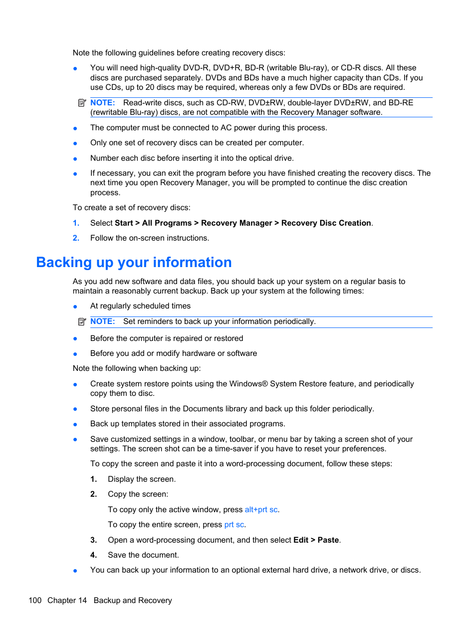 Backing up your information | HP Pavilion dm4-1018tx Entertainment Notebook PC User Manual | Page 110 / 119