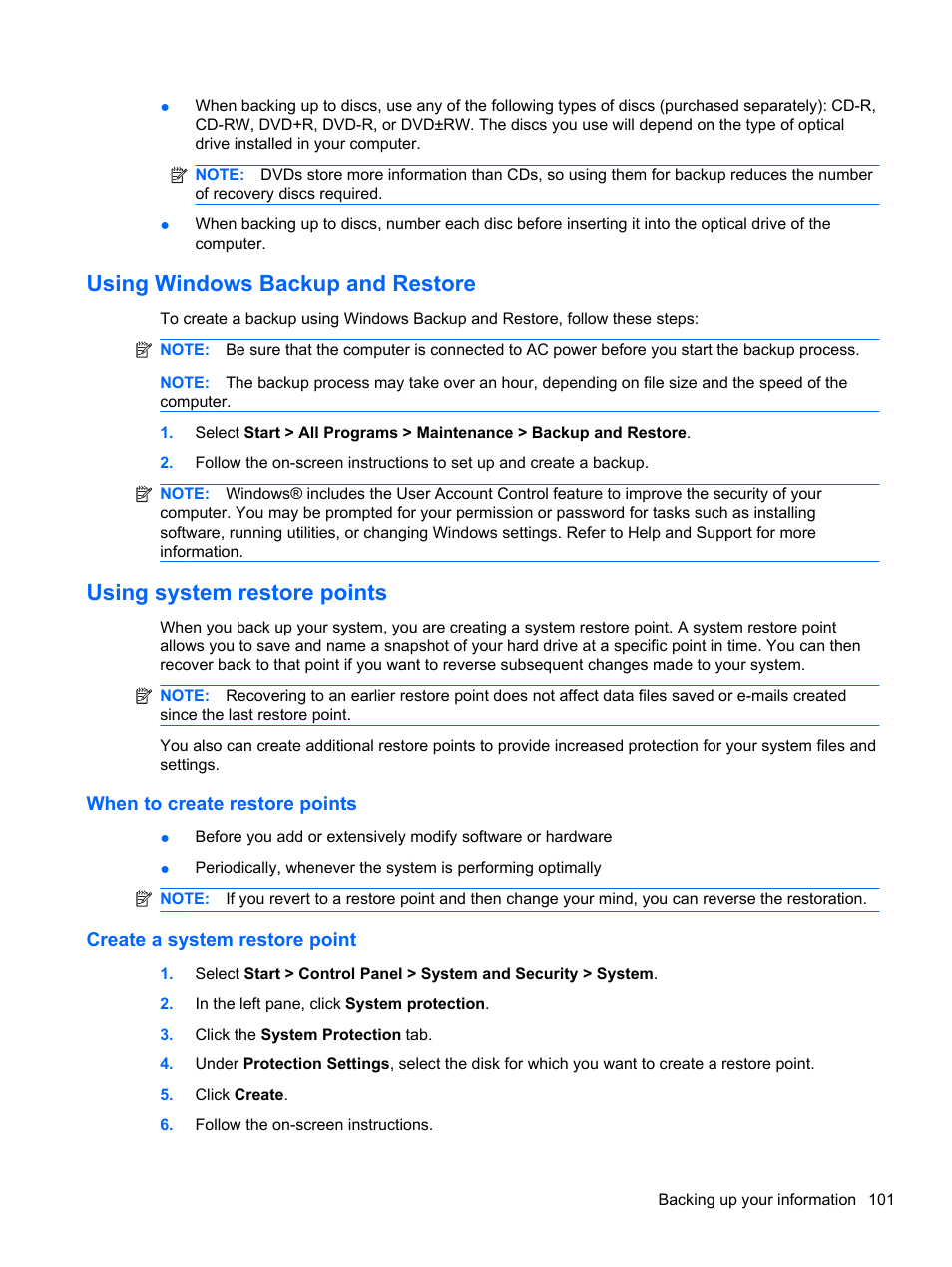 Using windows backup and restore, Using system restore points, When to create restore points | Create a system restore point | HP Pavilion dm4-1018tx Entertainment Notebook PC User Manual | Page 111 / 119