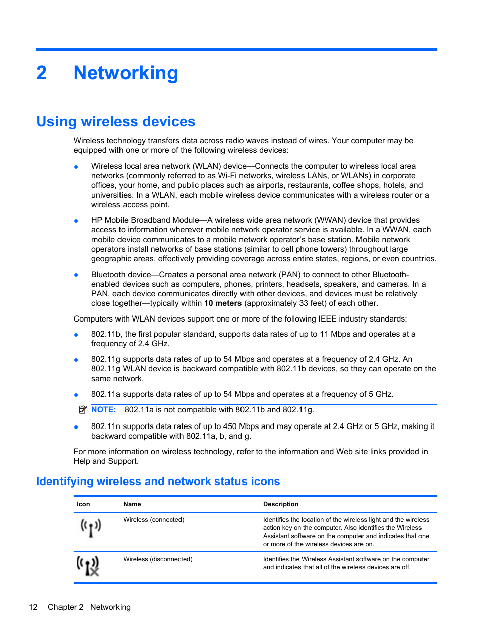 Networking, Using wireless devices, Identifying wireless and network status icons | 2 networking, 2networking | HP Pavilion dm4-1018tx Entertainment Notebook PC User Manual | Page 22 / 119
