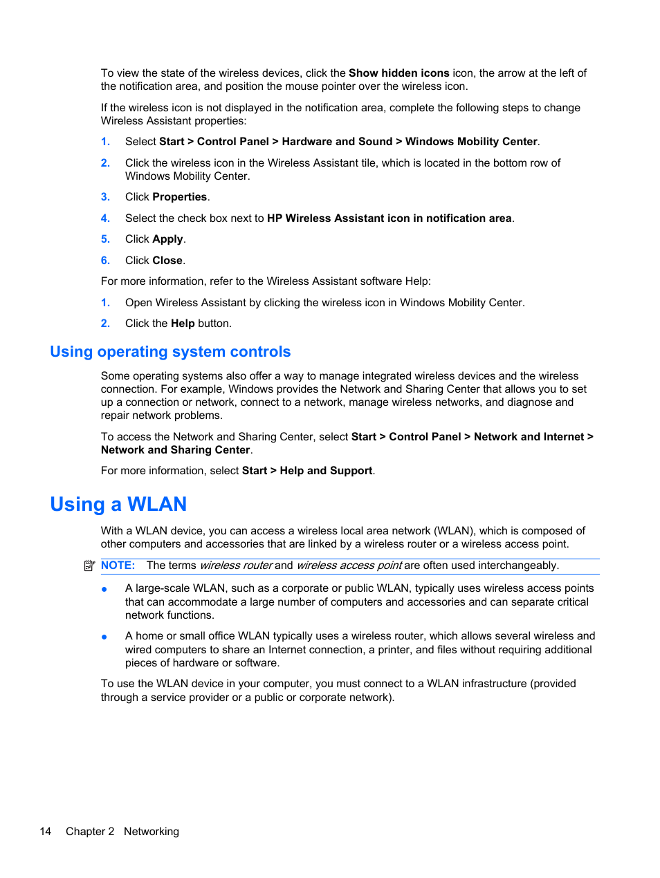 Using operating system controls, Using a wlan | HP Pavilion dm4-1018tx Entertainment Notebook PC User Manual | Page 24 / 119