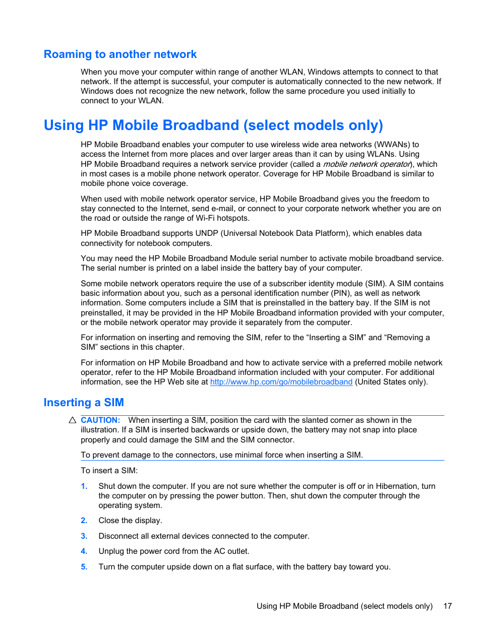 Roaming to another network, Using hp mobile broadband (select models only), Inserting a sim | HP Pavilion dm4-1018tx Entertainment Notebook PC User Manual | Page 27 / 119