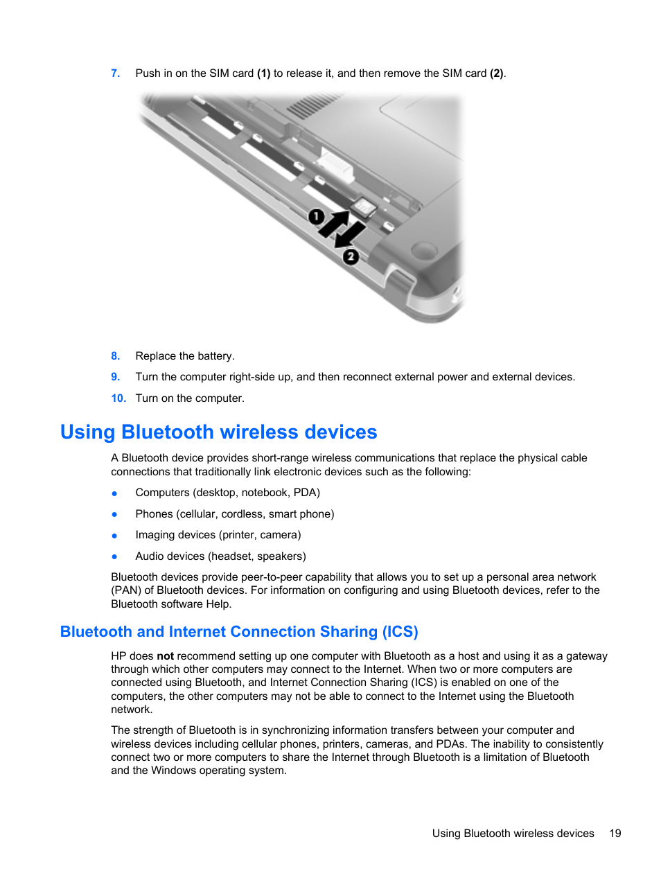 Using bluetooth wireless devices, Bluetooth and internet connection sharing (ics) | HP Pavilion dm4-1018tx Entertainment Notebook PC User Manual | Page 29 / 119