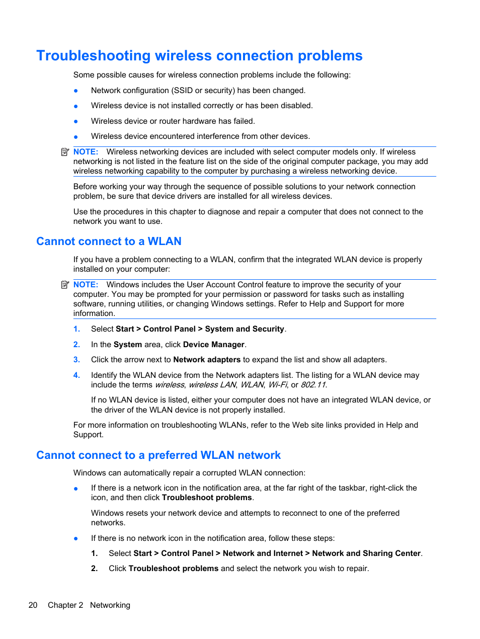 Troubleshooting wireless connection problems, Cannot connect to a wlan, Cannot connect to a preferred wlan network | HP Pavilion dm4-1018tx Entertainment Notebook PC User Manual | Page 30 / 119