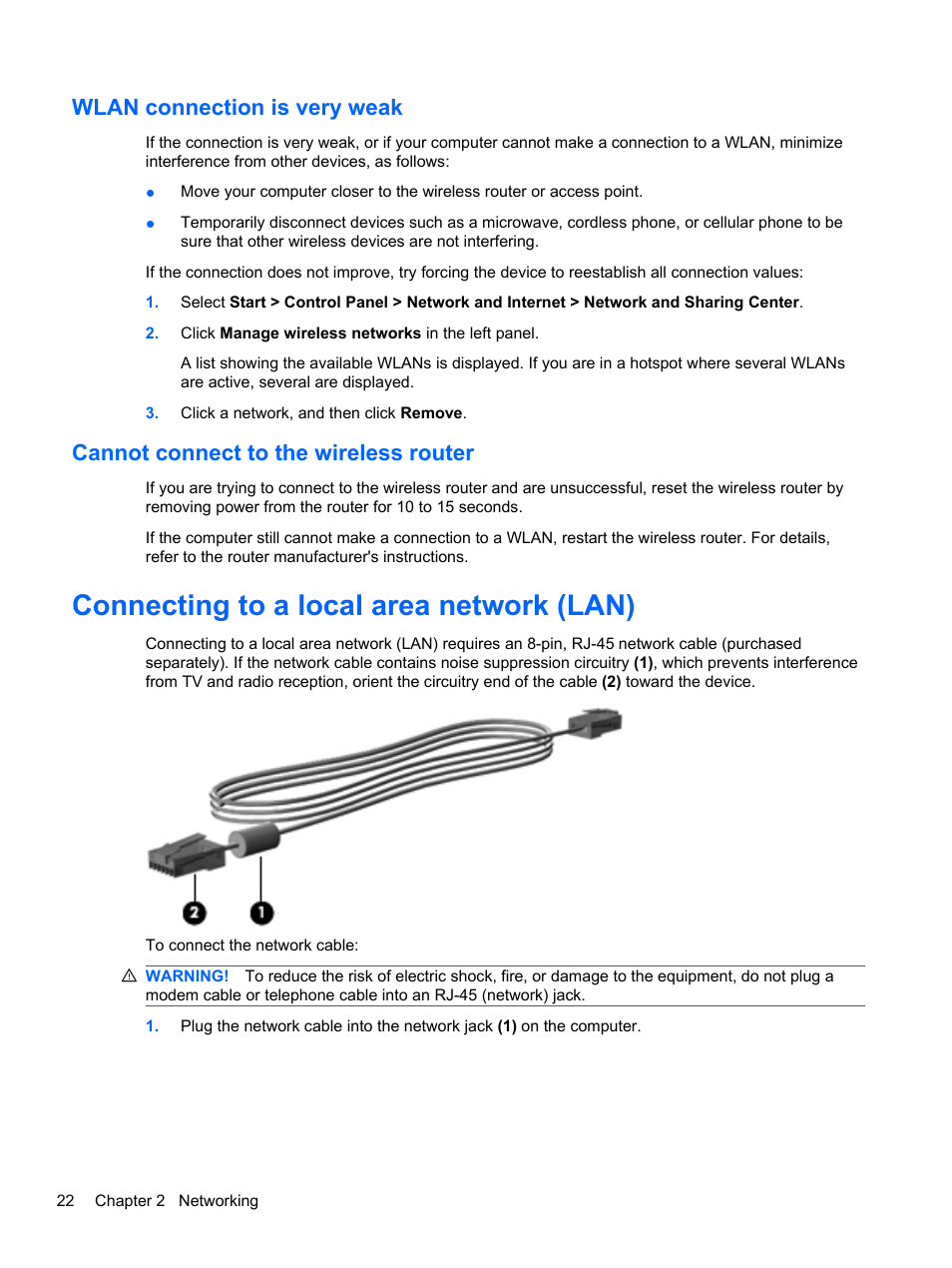 Wlan connection is very weak, Cannot connect to the wireless router, Connecting to a local area network (lan) | HP Pavilion dm4-1018tx Entertainment Notebook PC User Manual | Page 32 / 119