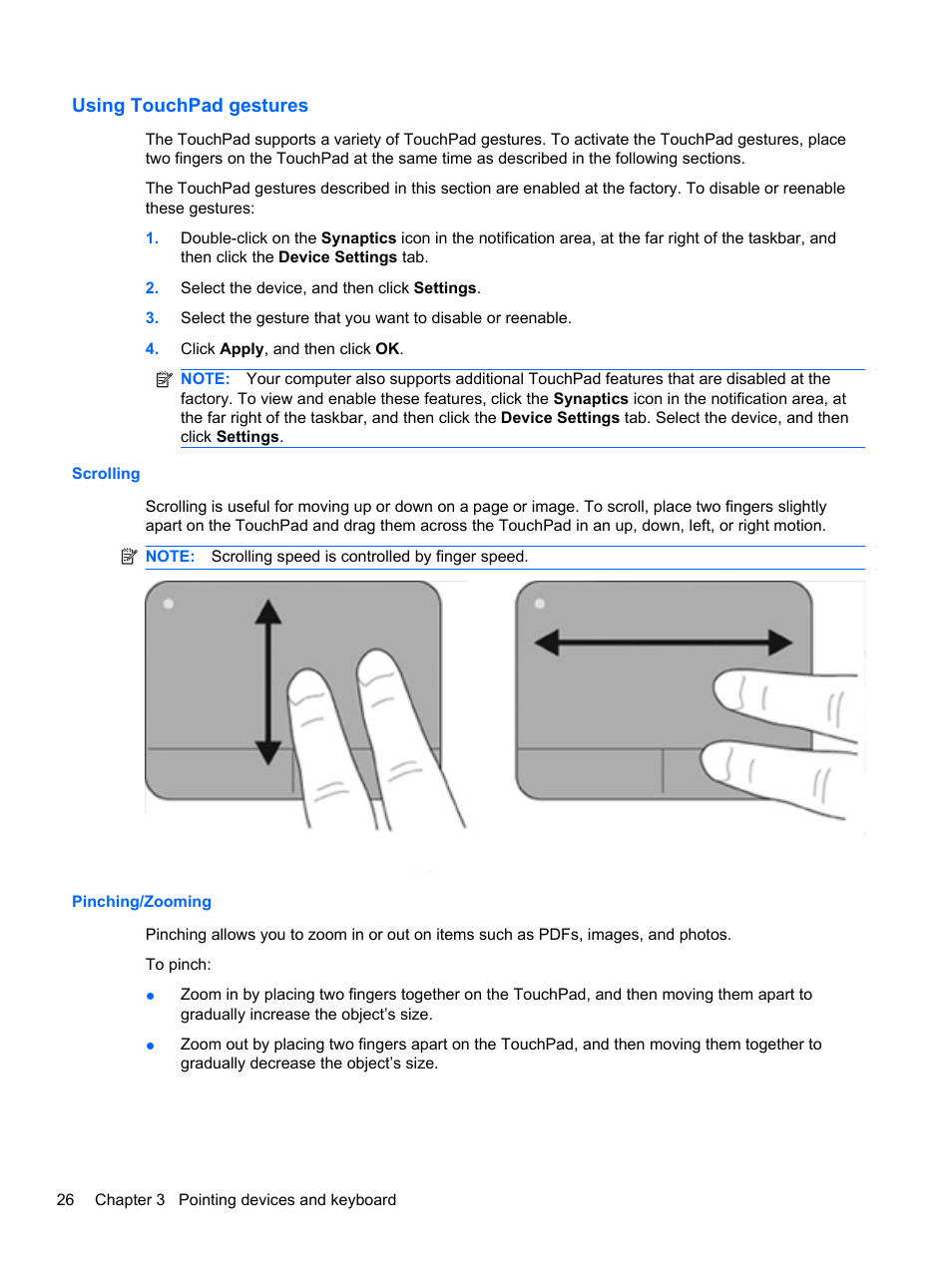 Using touchpad gestures, Scrolling, Pinching/zooming | Scrolling pinching/zooming | HP Pavilion dm4-1018tx Entertainment Notebook PC User Manual | Page 36 / 119