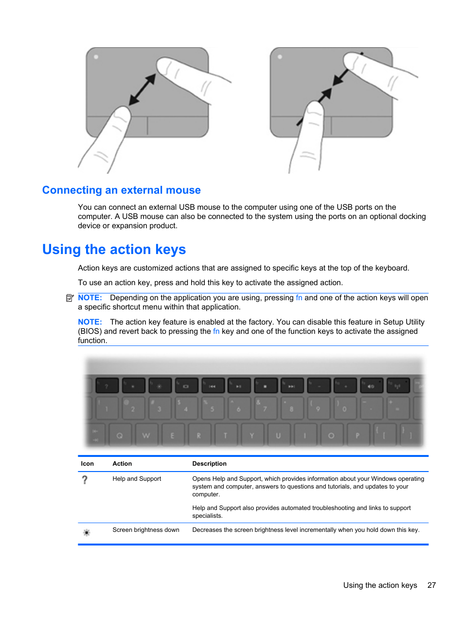 Connecting an external mouse, Using the action keys | HP Pavilion dm4-1018tx Entertainment Notebook PC User Manual | Page 37 / 119