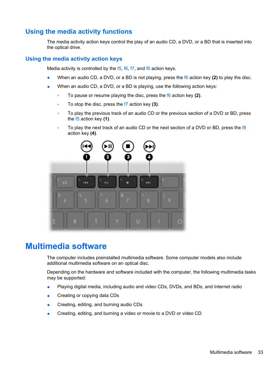 Using the media activity functions, Using the media activity action keys, Multimedia software | HP Pavilion dm4-1018tx Entertainment Notebook PC User Manual | Page 43 / 119