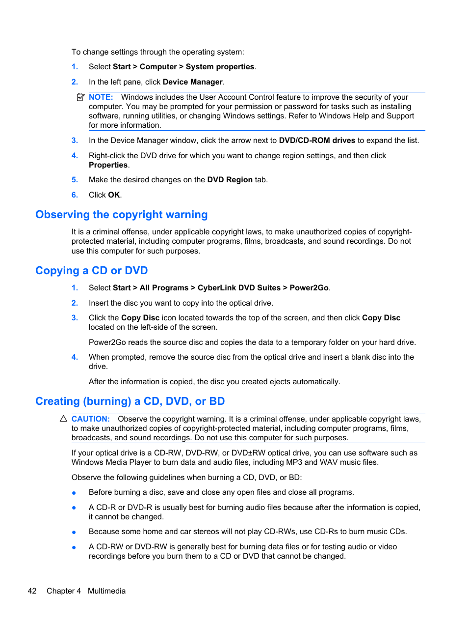 Observing the copyright warning, Copying a cd or dvd, Creating (burning) a cd, dvd, or bd | HP Pavilion dm4-1018tx Entertainment Notebook PC User Manual | Page 52 / 119