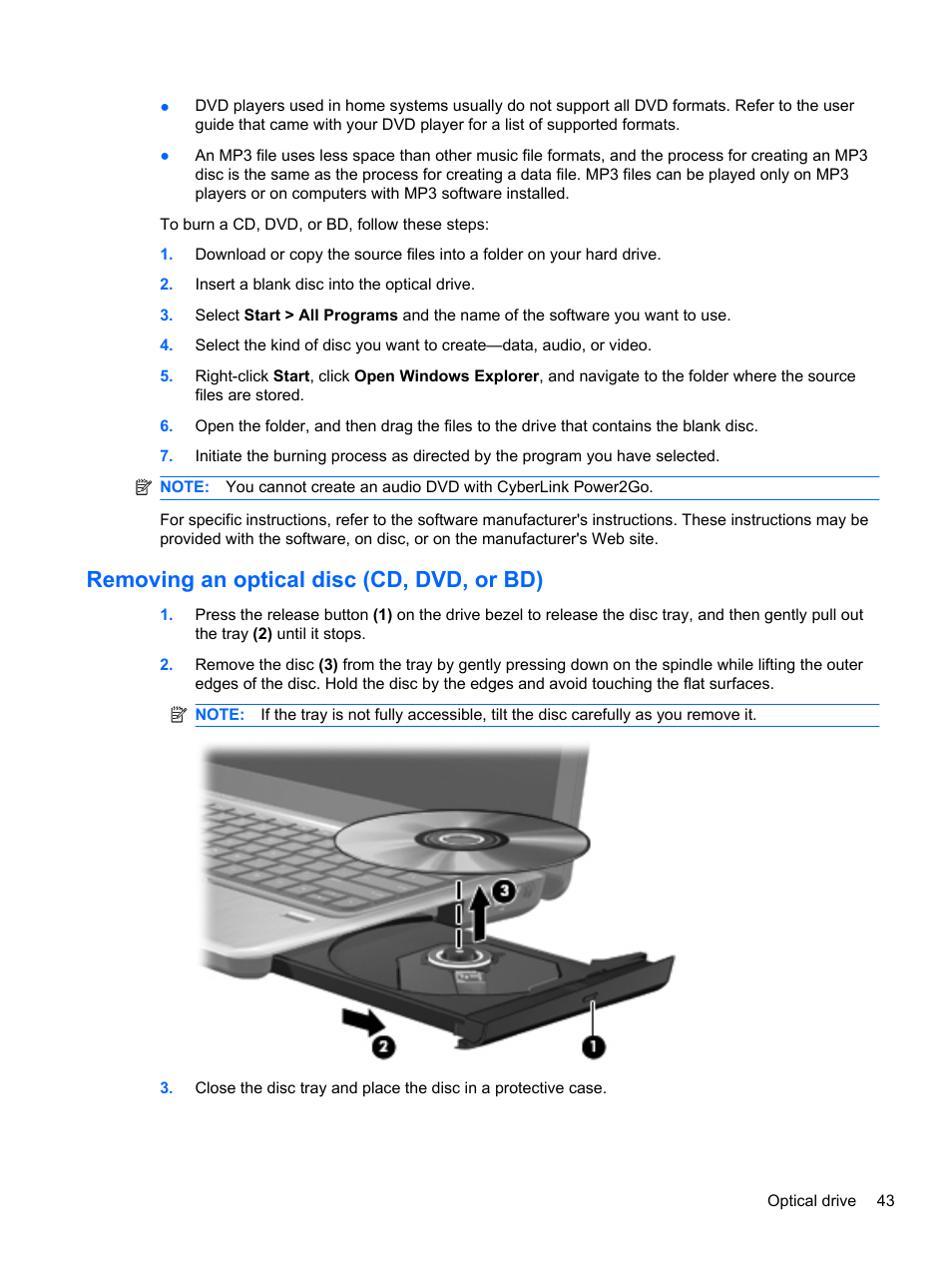 Removing an optical disc (cd, dvd, or bd) | HP Pavilion dm4-1018tx Entertainment Notebook PC User Manual | Page 53 / 119