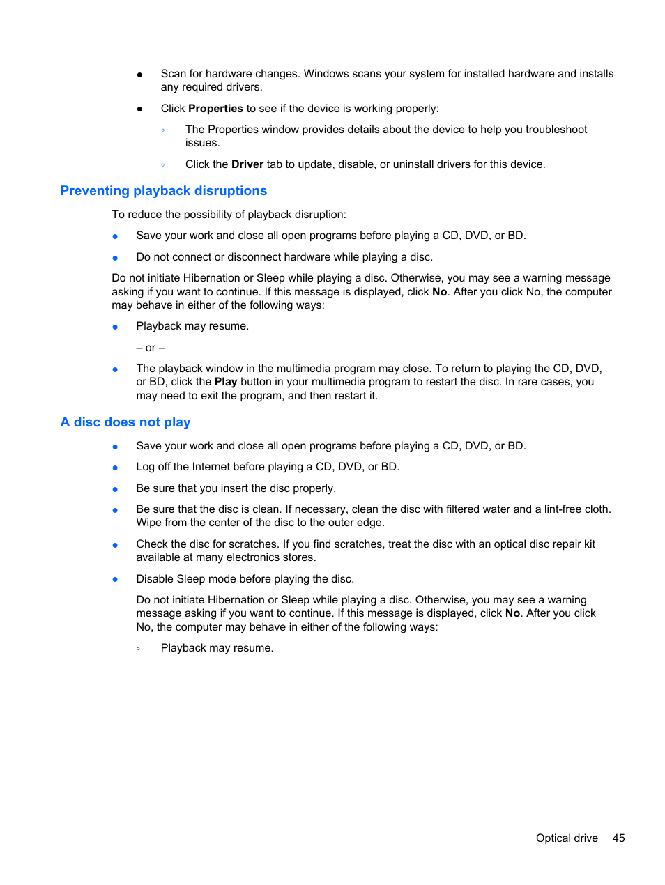 Preventing playback disruptions, A disc does not play | HP Pavilion dm4-1018tx Entertainment Notebook PC User Manual | Page 55 / 119
