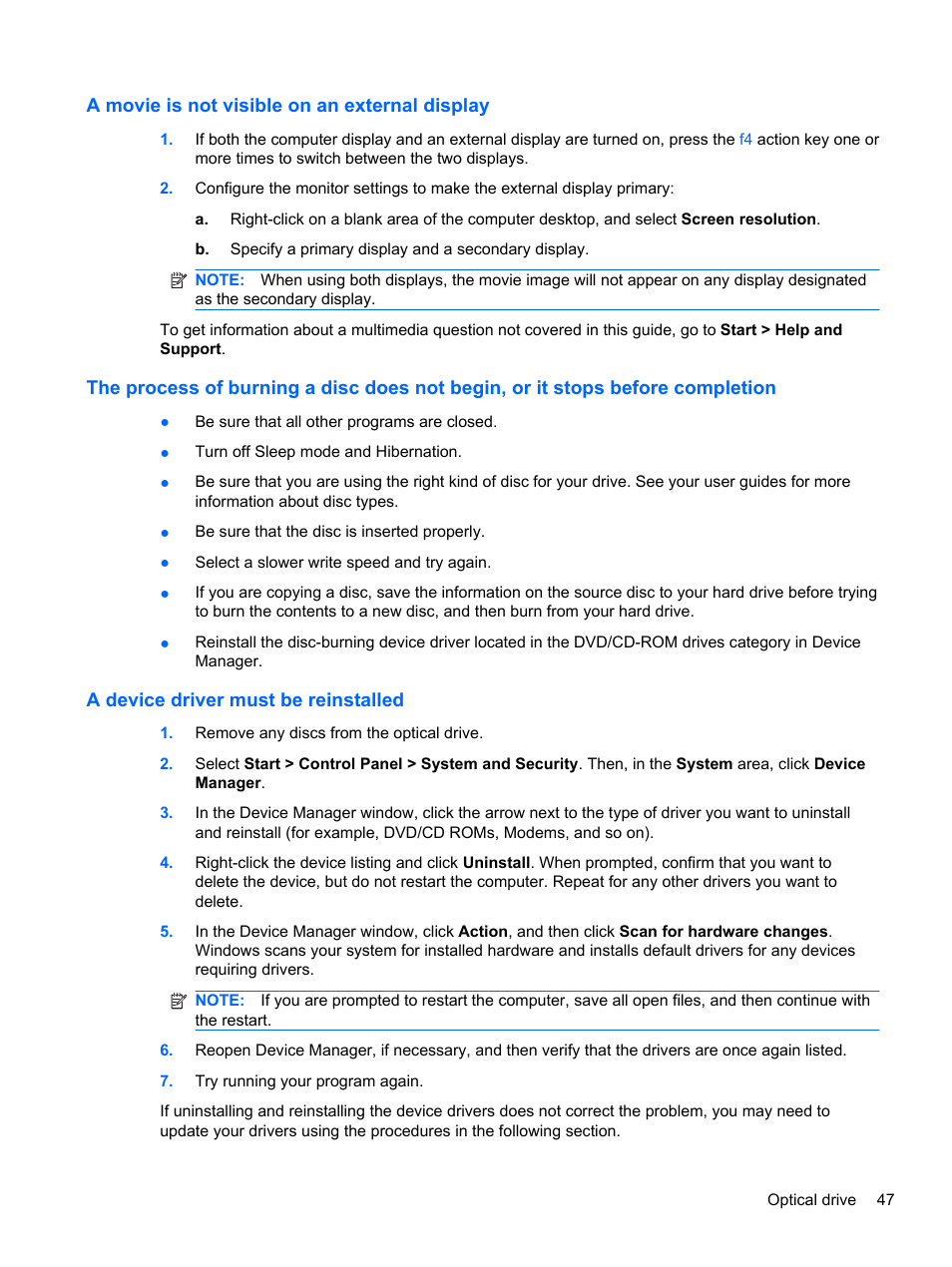 A movie is not visible on an external display, A device driver must be reinstalled | HP Pavilion dm4-1018tx Entertainment Notebook PC User Manual | Page 57 / 119