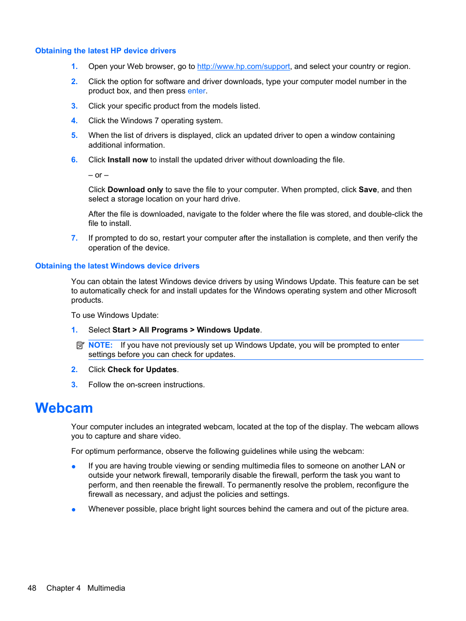 Obtaining the latest hp device drivers, Obtaining the latest windows device drivers, Webcam | HP Pavilion dm4-1018tx Entertainment Notebook PC User Manual | Page 58 / 119