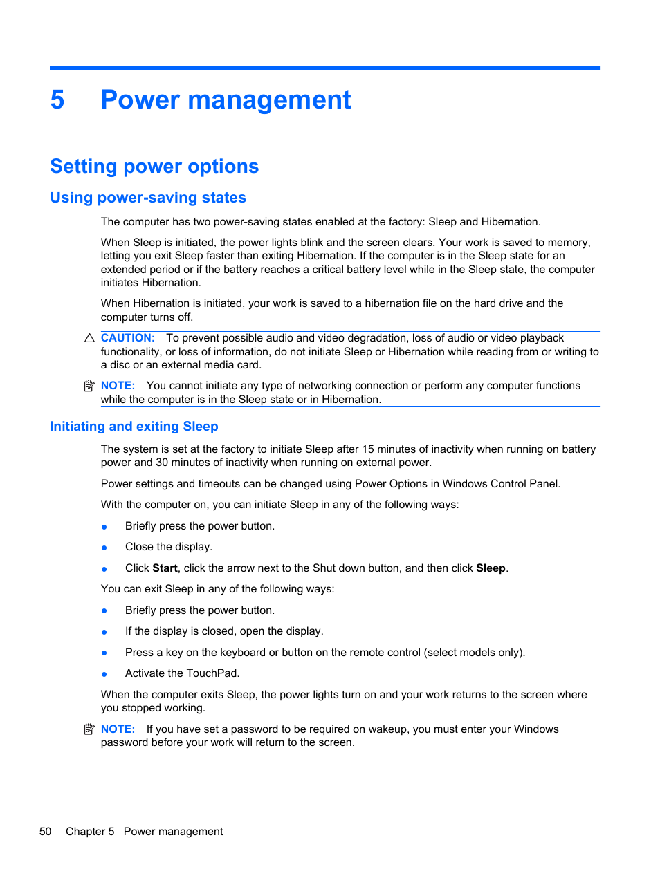 Power management, Setting power options, Using power-saving states | Initiating and exiting sleep, 5 power management, 5power management | HP Pavilion dm4-1018tx Entertainment Notebook PC User Manual | Page 60 / 119