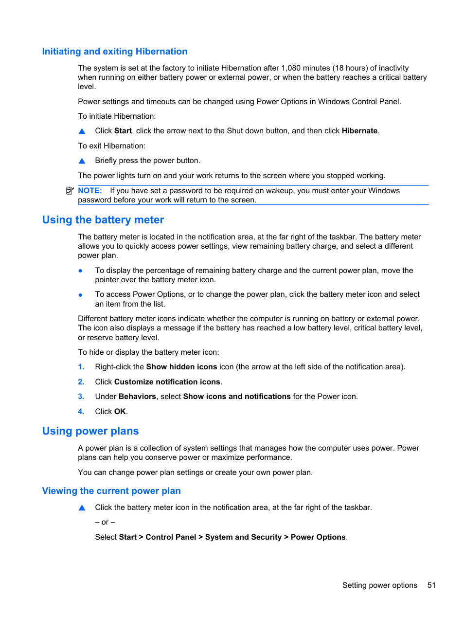 Initiating and exiting hibernation, Using the battery meter, Using power plans | Viewing the current power plan, Using the battery meter using power plans | HP Pavilion dm4-1018tx Entertainment Notebook PC User Manual | Page 61 / 119